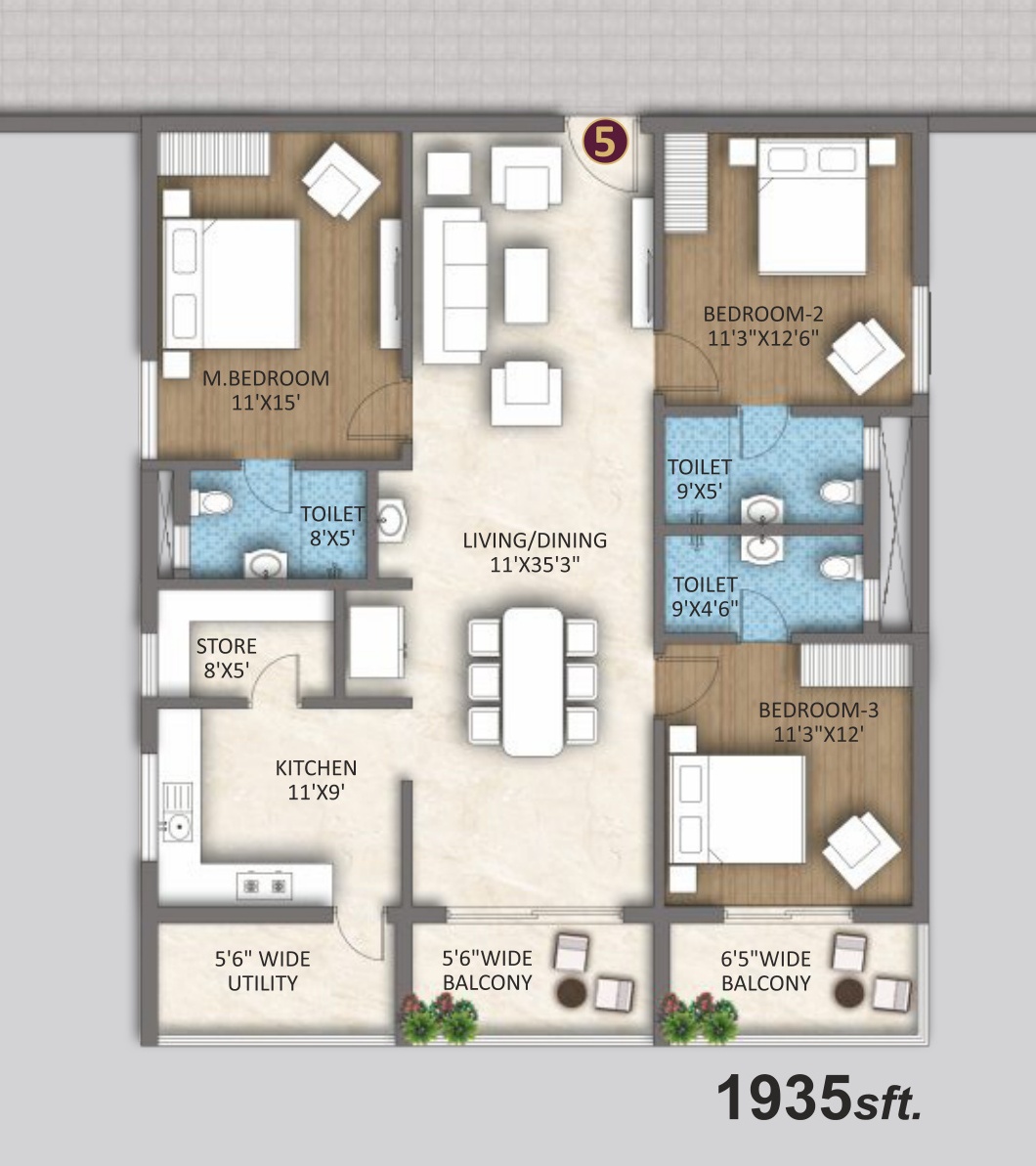 3 BHK Classic Flat (1,935 sft) Floor Plan